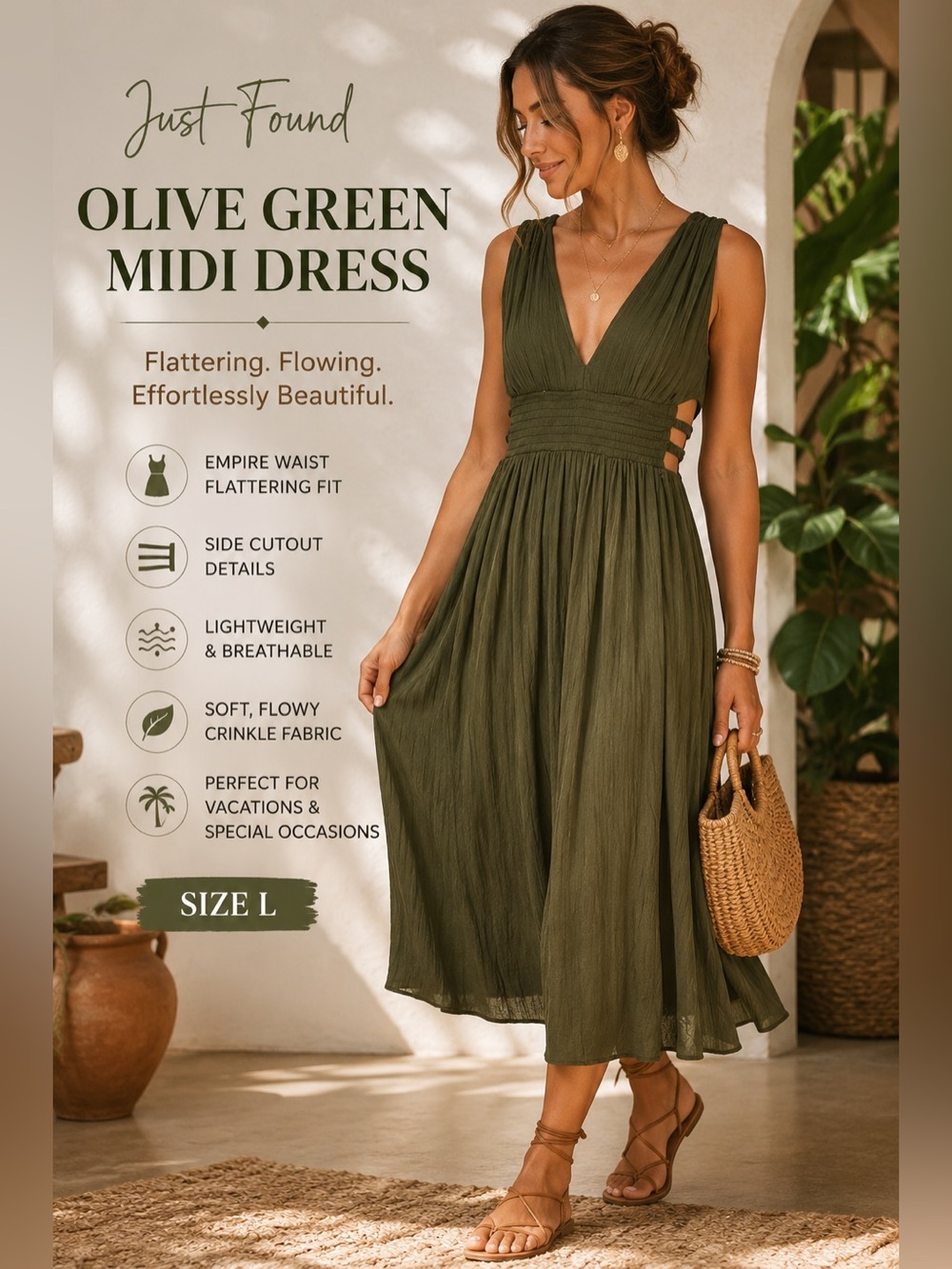 Just Found Olive Green Empire Waist Midi Dress Side Cutouts L